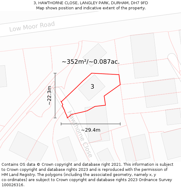 3, HAWTHORNE CLOSE, LANGLEY PARK, DURHAM, DH7 9FD: Plot and title map