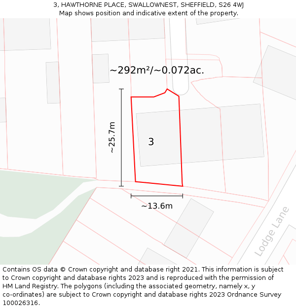 3, HAWTHORNE PLACE, SWALLOWNEST, SHEFFIELD, S26 4WJ: Plot and title map