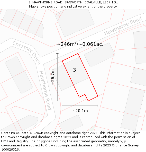 3, HAWTHORNE ROAD, BAGWORTH, COALVILLE, LE67 1GU: Plot and title map