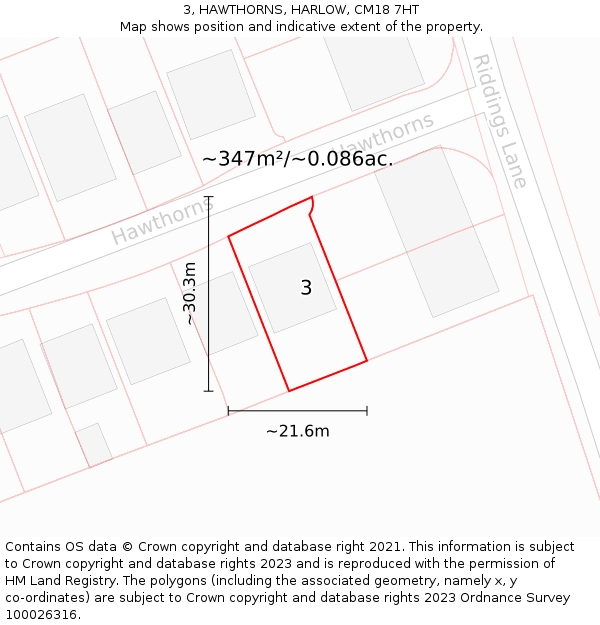 3, HAWTHORNS, HARLOW, CM18 7HT: Plot and title map