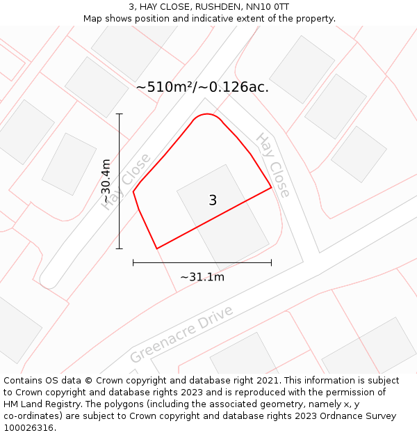 3, HAY CLOSE, RUSHDEN, NN10 0TT: Plot and title map