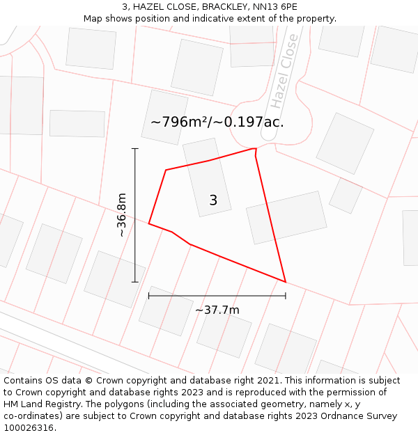 3, HAZEL CLOSE, BRACKLEY, NN13 6PE: Plot and title map