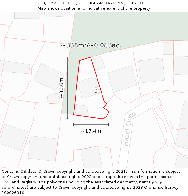 3, HAZEL CLOSE, UPPINGHAM, OAKHAM, LE15 9QZ: Plot and title map