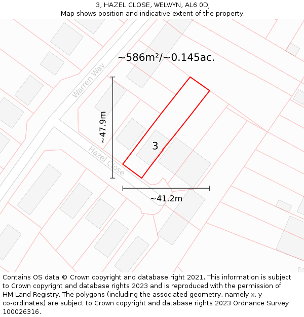 3, HAZEL CLOSE, WELWYN, AL6 0DJ: Plot and title map
