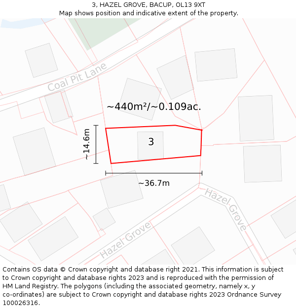 3, HAZEL GROVE, BACUP, OL13 9XT: Plot and title map
