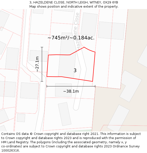 3, HAZELDENE CLOSE, NORTH LEIGH, WITNEY, OX29 6YB: Plot and title map