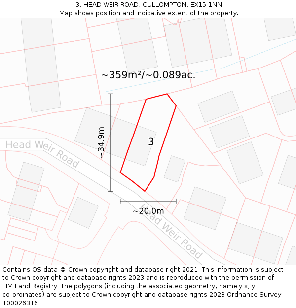 3, HEAD WEIR ROAD, CULLOMPTON, EX15 1NN: Plot and title map
