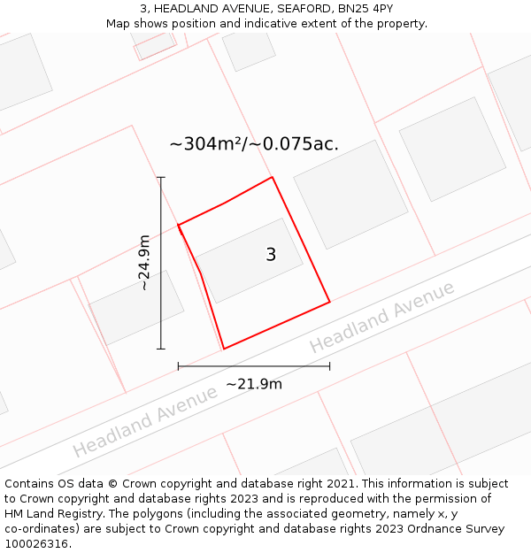3, HEADLAND AVENUE, SEAFORD, BN25 4PY: Plot and title map