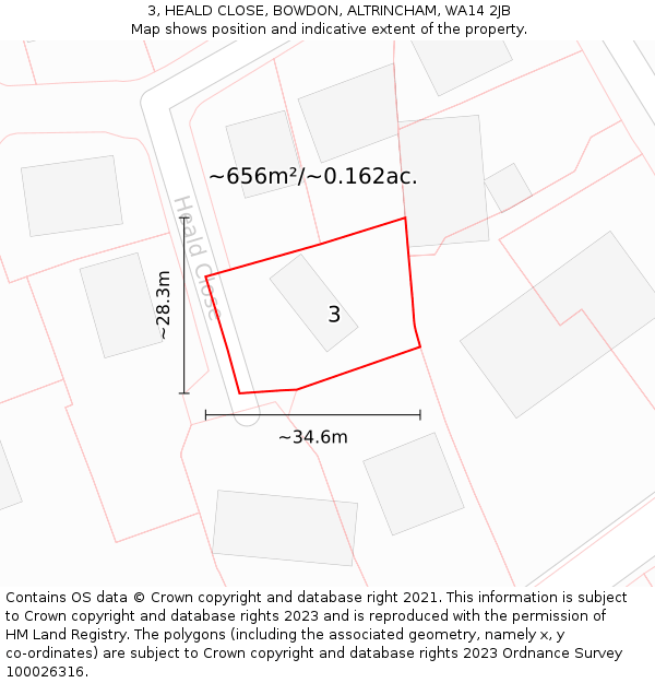 3, HEALD CLOSE, BOWDON, ALTRINCHAM, WA14 2JB: Plot and title map