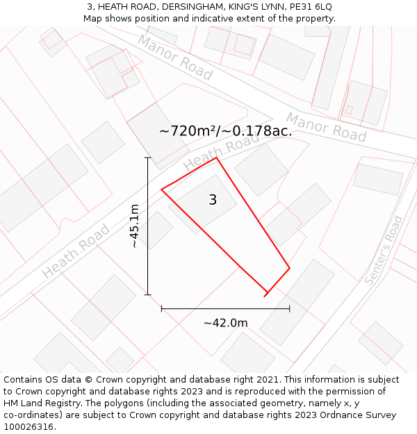 3, HEATH ROAD, DERSINGHAM, KING'S LYNN, PE31 6LQ: Plot and title map