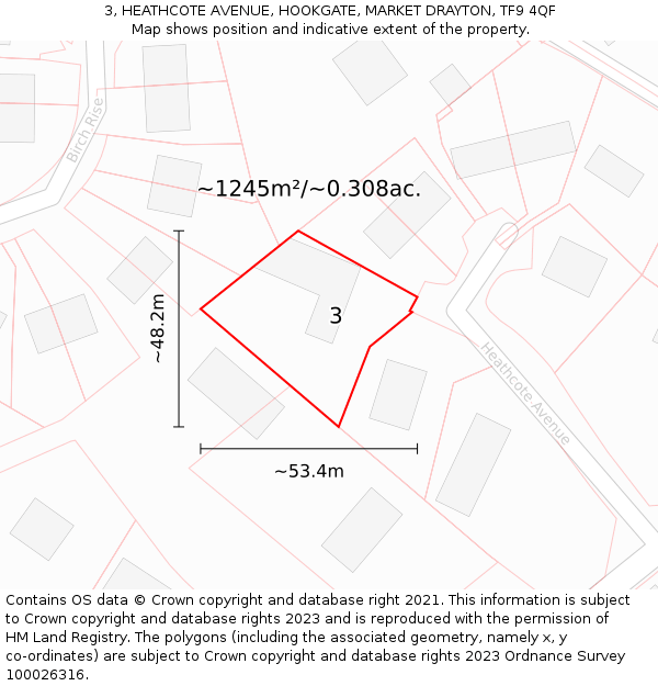 3, HEATHCOTE AVENUE, HOOKGATE, MARKET DRAYTON, TF9 4QF: Plot and title map