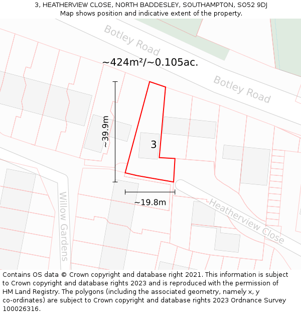 3, HEATHERVIEW CLOSE, NORTH BADDESLEY, SOUTHAMPTON, SO52 9DJ: Plot and title map