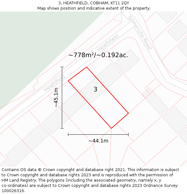 3, HEATHFIELD, COBHAM, KT11 2QY: Plot and title map