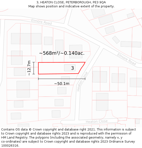 3, HEATON CLOSE, PETERBOROUGH, PE3 9QA: Plot and title map