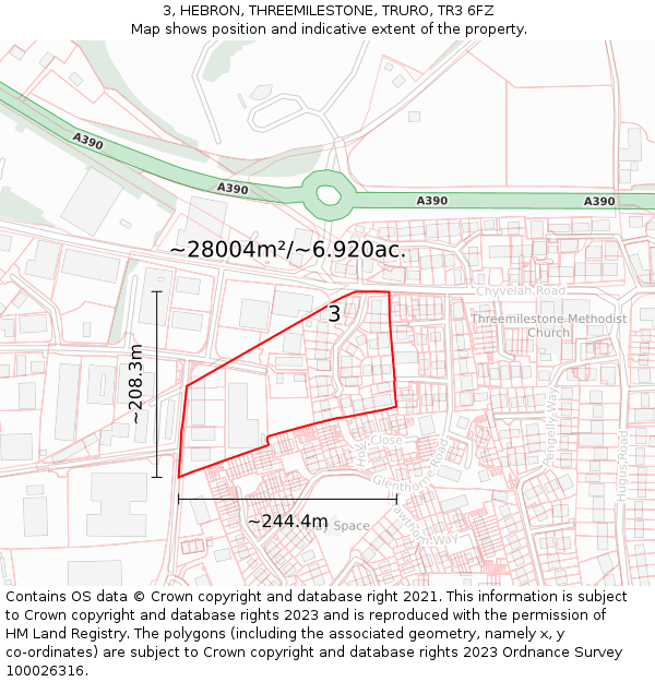 3, HEBRON, THREEMILESTONE, TRURO, TR3 6FZ: Plot and title map