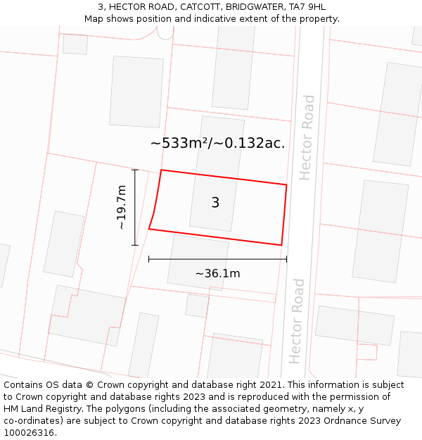 3, HECTOR ROAD, CATCOTT, BRIDGWATER, TA7 9HL: Plot and title map