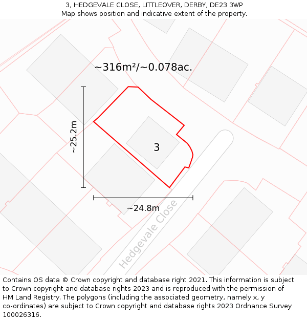 3, HEDGEVALE CLOSE, LITTLEOVER, DERBY, DE23 3WP: Plot and title map