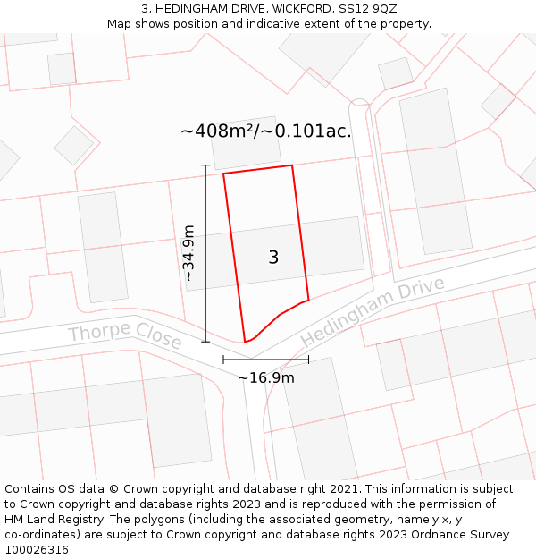 3, HEDINGHAM DRIVE, WICKFORD, SS12 9QZ: Plot and title map