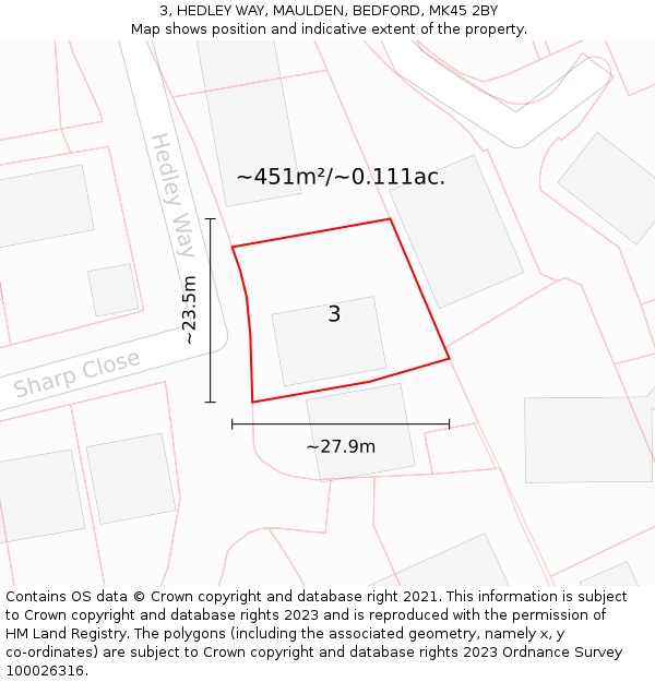 3, HEDLEY WAY, MAULDEN, BEDFORD, MK45 2BY: Plot and title map