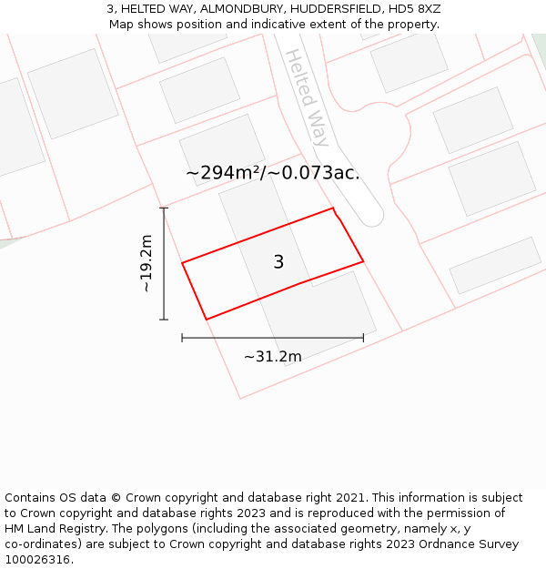 3, HELTED WAY, ALMONDBURY, HUDDERSFIELD, HD5 8XZ: Plot and title map