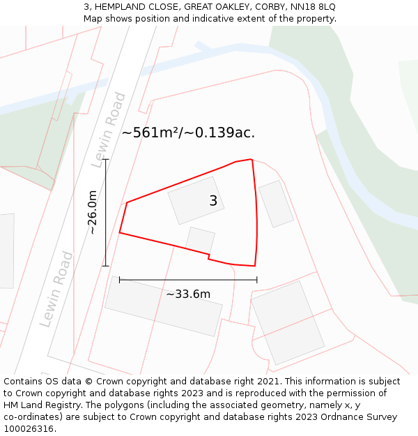 3, HEMPLAND CLOSE, GREAT OAKLEY, CORBY, NN18 8LQ: Plot and title map