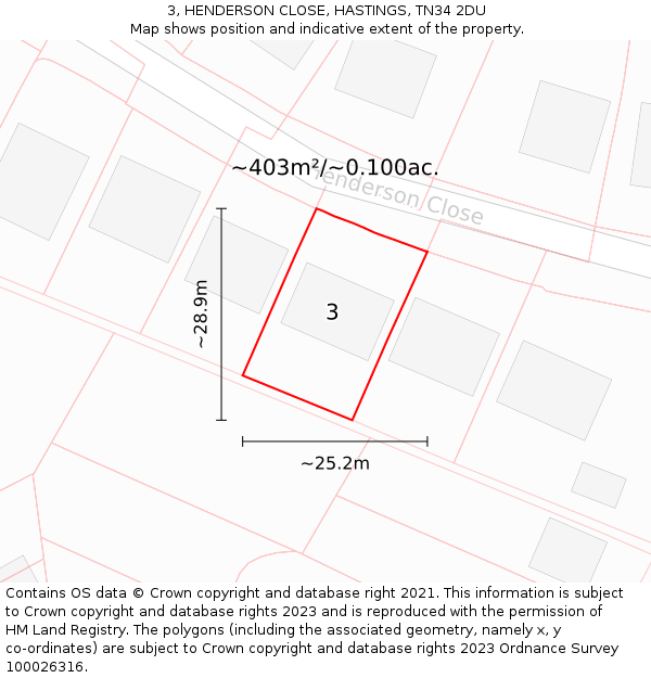 3, HENDERSON CLOSE, HASTINGS, TN34 2DU: Plot and title map