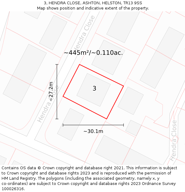 3, HENDRA CLOSE, ASHTON, HELSTON, TR13 9SS: Plot and title map