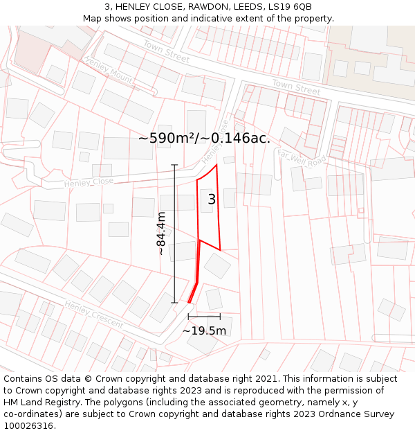 3, HENLEY CLOSE, RAWDON, LEEDS, LS19 6QB: Plot and title map