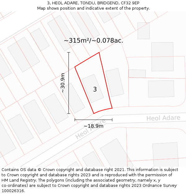 3, HEOL ADARE, TONDU, BRIDGEND, CF32 9EP: Plot and title map