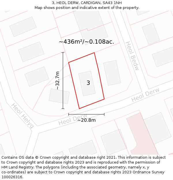3, HEOL DERW, CARDIGAN, SA43 1NH: Plot and title map