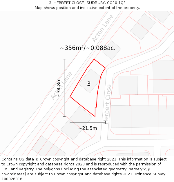 3, HERBERT CLOSE, SUDBURY, CO10 1QF: Plot and title map