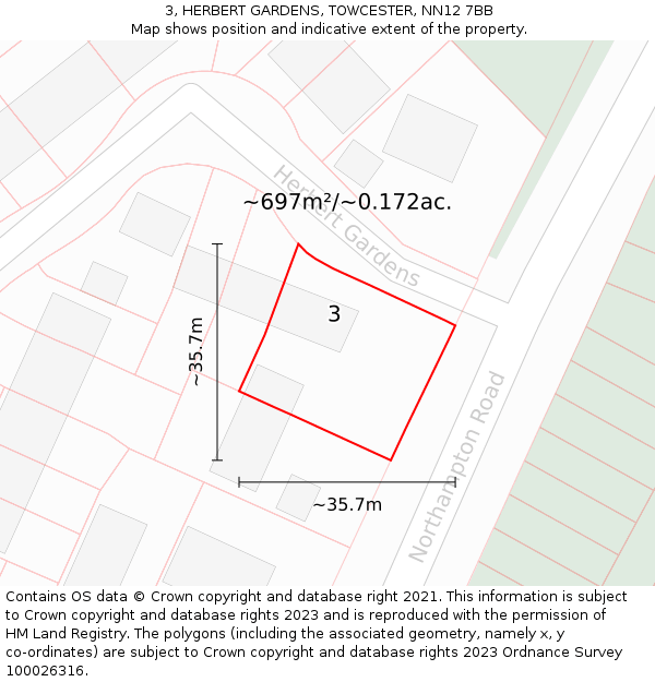 3, HERBERT GARDENS, TOWCESTER, NN12 7BB: Plot and title map