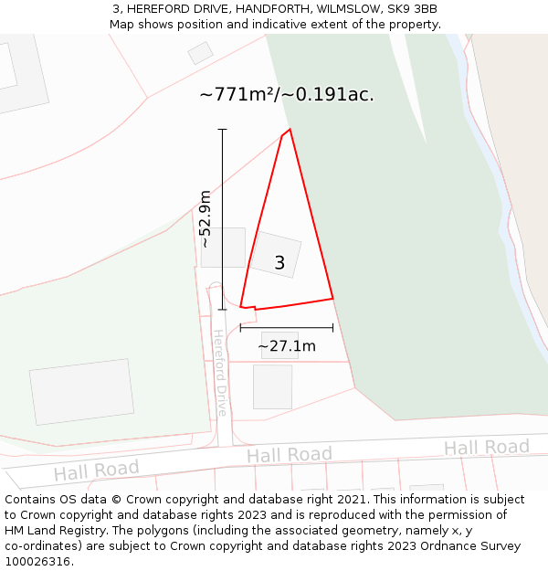 3, HEREFORD DRIVE, HANDFORTH, WILMSLOW, SK9 3BB: Plot and title map