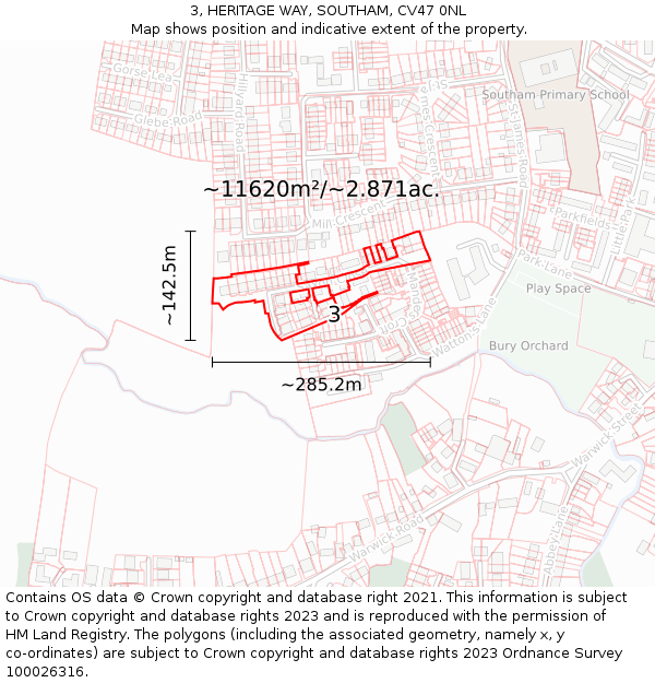 3, HERITAGE WAY, SOUTHAM, CV47 0NL: Plot and title map
