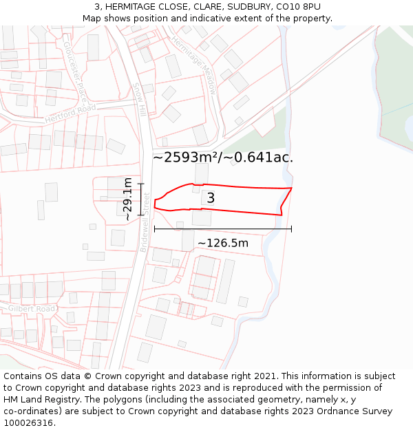 3, HERMITAGE CLOSE, CLARE, SUDBURY, CO10 8PU: Plot and title map