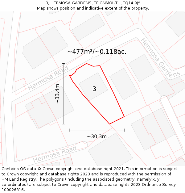 3, HERMOSA GARDENS, TEIGNMOUTH, TQ14 9JY: Plot and title map
