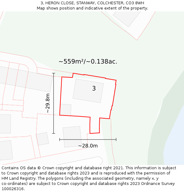 3, HERON CLOSE, STANWAY, COLCHESTER, CO3 8WH: Plot and title map