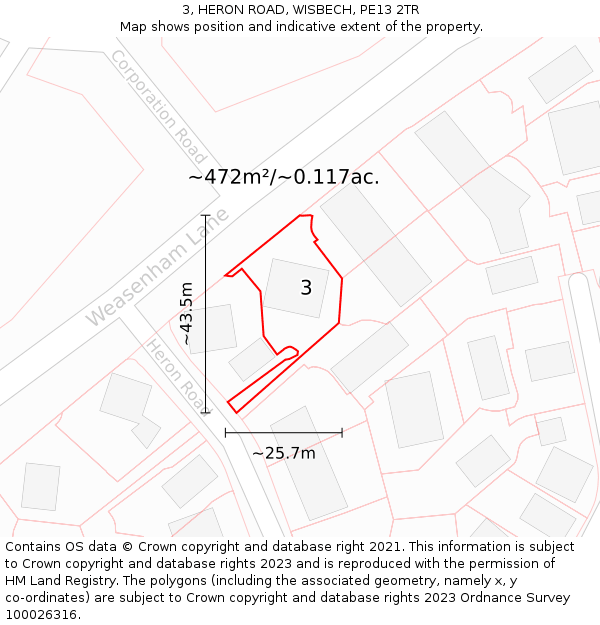 3, HERON ROAD, WISBECH, PE13 2TR: Plot and title map