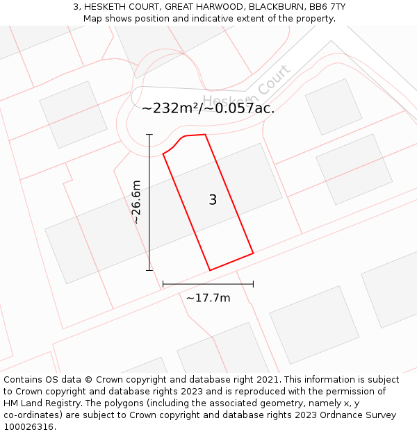 3, HESKETH COURT, GREAT HARWOOD, BLACKBURN, BB6 7TY: Plot and title map