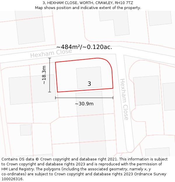 3, HEXHAM CLOSE, WORTH, CRAWLEY, RH10 7TZ: Plot and title map