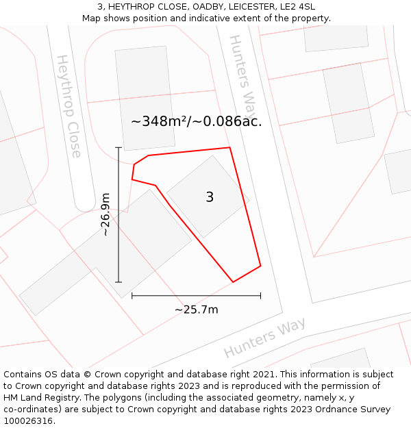 3, HEYTHROP CLOSE, OADBY, LEICESTER, LE2 4SL: Plot and title map