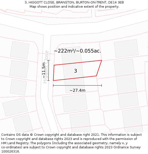 3, HIGGOTT CLOSE, BRANSTON, BURTON-ON-TRENT, DE14 3EB: Plot and title map