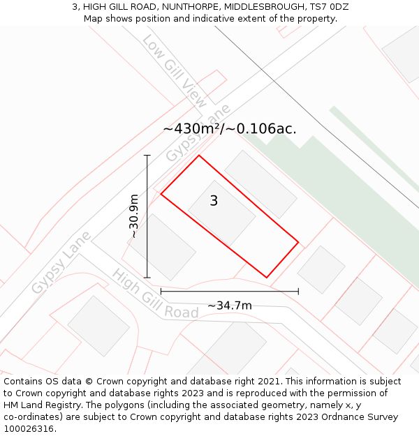 3, HIGH GILL ROAD, NUNTHORPE, MIDDLESBROUGH, TS7 0DZ: Plot and title map