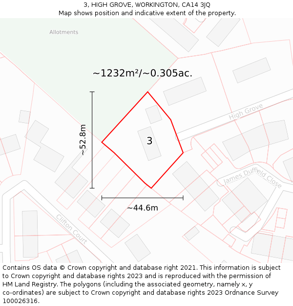3, HIGH GROVE, WORKINGTON, CA14 3JQ: Plot and title map