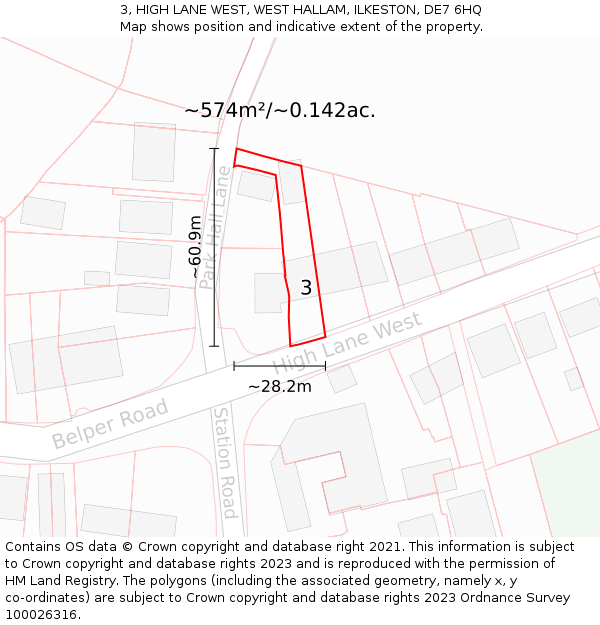 3, HIGH LANE WEST, WEST HALLAM, ILKESTON, DE7 6HQ: Plot and title map