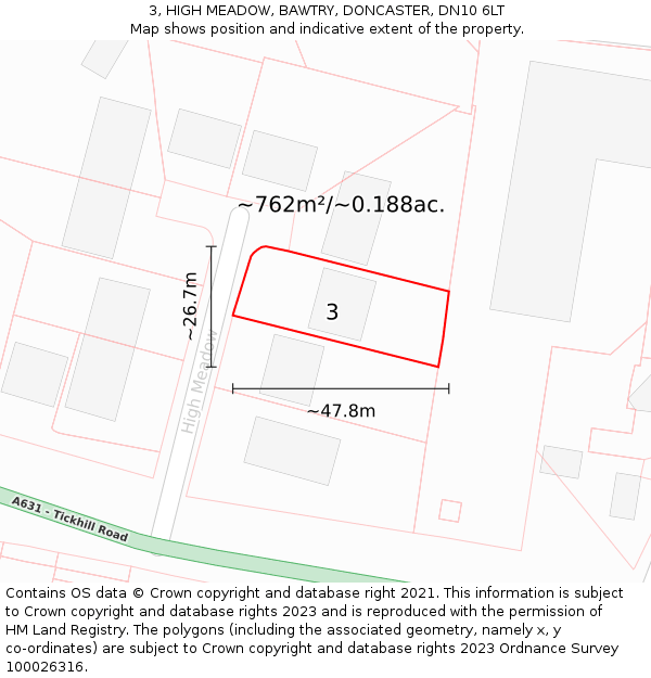 3, HIGH MEADOW, BAWTRY, DONCASTER, DN10 6LT: Plot and title map