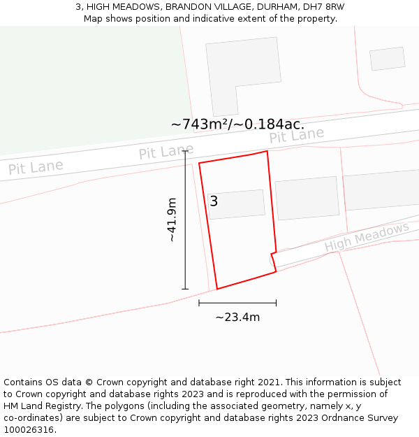 3, HIGH MEADOWS, BRANDON VILLAGE, DURHAM, DH7 8RW: Plot and title map