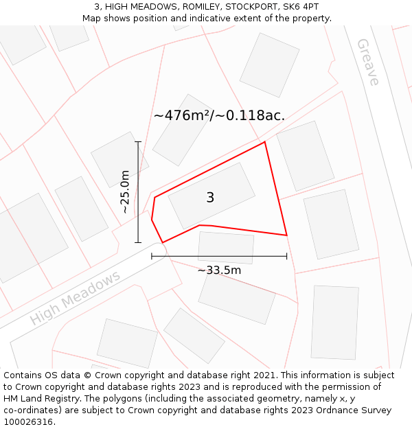 3, HIGH MEADOWS, ROMILEY, STOCKPORT, SK6 4PT: Plot and title map