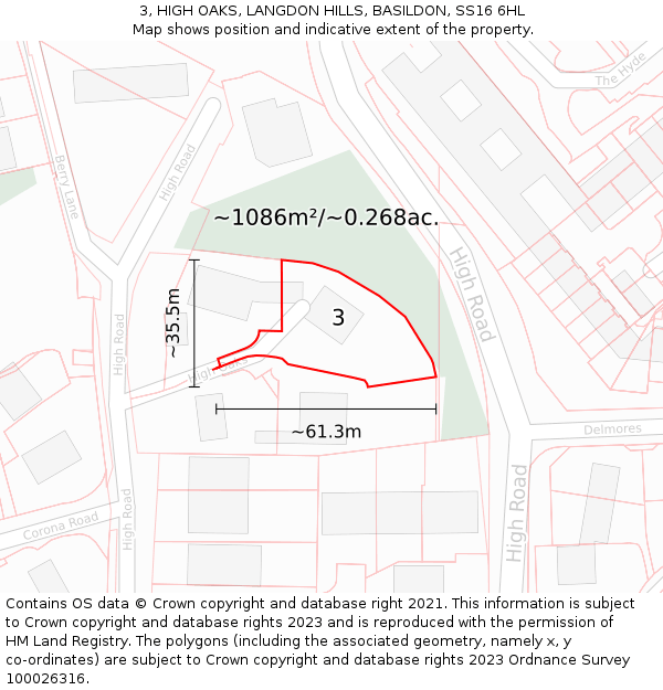 3, HIGH OAKS, LANGDON HILLS, BASILDON, SS16 6HL: Plot and title map