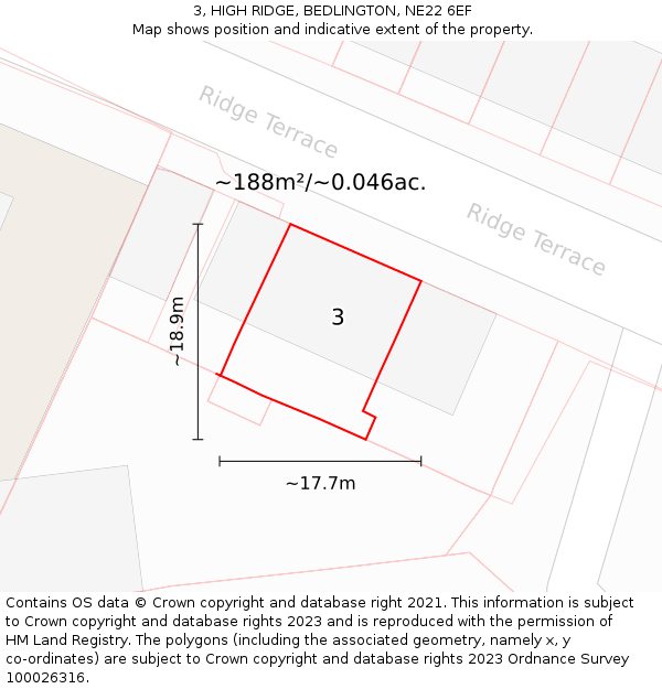 3, HIGH RIDGE, BEDLINGTON, NE22 6EF: Plot and title map
